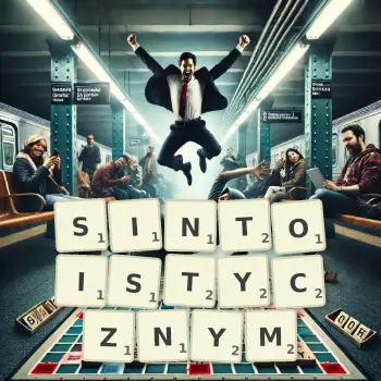 Kreatywna ilustracja do gry w Scrabble ze słowem SINTOISTYCZNYM ułożonym z płytek na planszy.