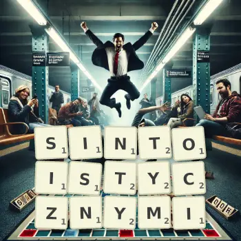 Kreatywna ilustracja do gry w Scrabble ze słowem SINTOISTYCZNYMI ułożonym z płytek na planszy.