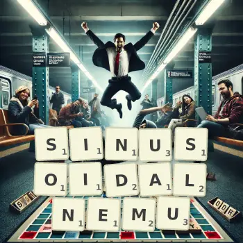 Kreatywna ilustracja do gry w Scrabble ze słowem SINUSOIDALNEMU ułożonym z płytek na planszy.