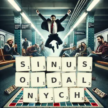 Kreatywna ilustracja do gry w Scrabble ze słowem SINUSOIDALNYCH ułożonym z płytek na planszy.