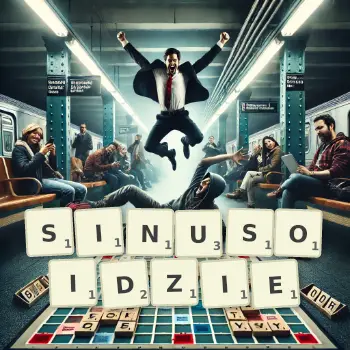 Kreatywna ilustracja do gry w Scrabble ze słowem SINUSOIDZIE ułożonym z płytek na planszy.