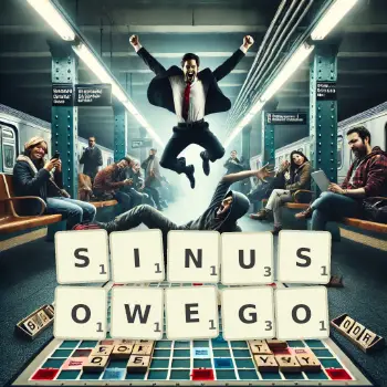 Kreatywna ilustracja do gry w Scrabble ze słowem SINUSOWEGO ułożonym z płytek na planszy.