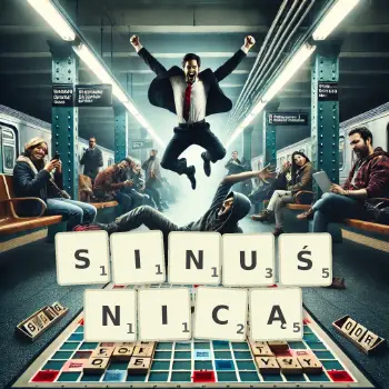 Kreatywna ilustracja do gry w Scrabble ze słowem SINUŚNICĄ ułożonym z płytek na planszy.