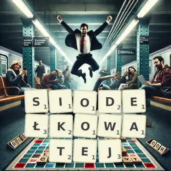 Kreatywna ilustracja do gry w Scrabble ze słowem SIODEŁKOWATEJ ułożonym z płytek na planszy.