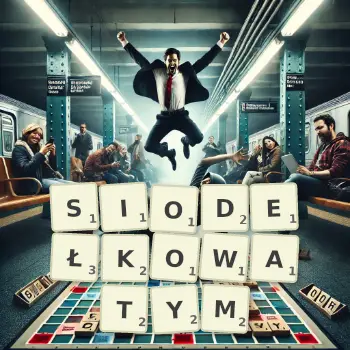 Kreatywna ilustracja do gry w Scrabble ze słowem SIODEŁKOWATYM ułożonym z płytek na planszy.