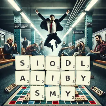 Kreatywna ilustracja do gry w Scrabble ze słowem SIODLALIBYSMY ułożonym z płytek na planszy.