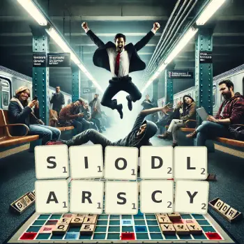 Kreatywna ilustracja do gry w Scrabble ze słowem SIODLARSCY ułożonym z płytek na planszy.