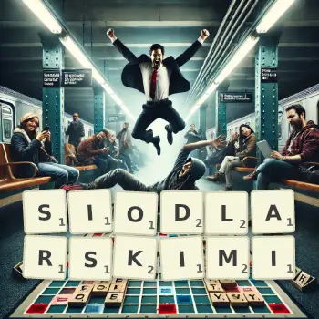 Kreatywna ilustracja do gry w Scrabble ze słowem SIODLARSKIMI ułożonym z płytek na planszy.