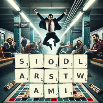 Kreatywna ilustracja do gry w Scrabble ze słowem SIODLARSTWAMI ułożonym z płytek na planszy.