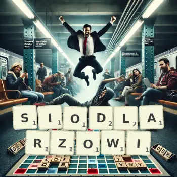 Kreatywna ilustracja do gry w Scrabble ze słowem SIODLARZOWI ułożonym z płytek na planszy.