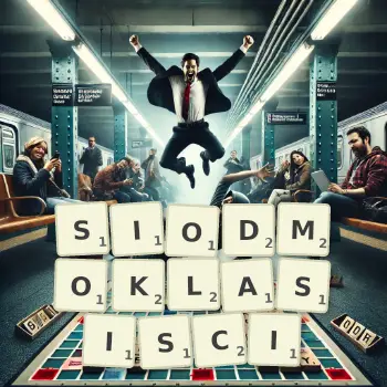 Kreatywna ilustracja do gry w Scrabble ze słowem SIODMOKLASISCI ułożonym z płytek na planszy.