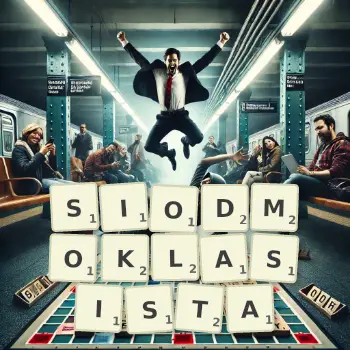 Kreatywna ilustracja do gry w Scrabble ze słowem SIODMOKLASISTA ułożonym z płytek na planszy.