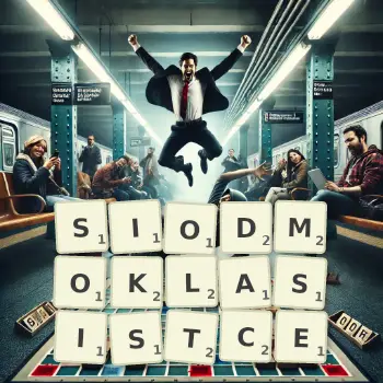 Kreatywna ilustracja do gry w Scrabble ze słowem SIODMOKLASISTCE ułożonym z płytek na planszy.