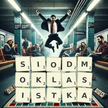 Kreatywna ilustracja do gry w Scrabble ze słowem SIODMOKLASISTKA ułożonym z płytek na planszy.