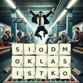 Kreatywna ilustracja do gry w Scrabble ze słowem SIODMOKLASISTKO ułożonym z płytek na planszy.