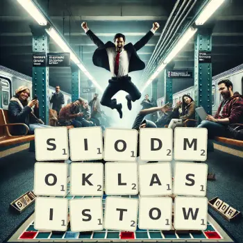 Kreatywna ilustracja do gry w Scrabble ze słowem SIODMOKLASISTOW ułożonym z płytek na planszy.