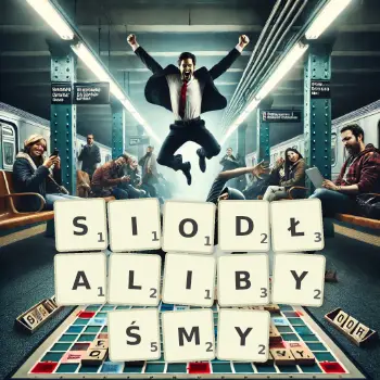 Kreatywna ilustracja do gry w Scrabble ze słowem SIODŁALIBYŚMY ułożonym z płytek na planszy.