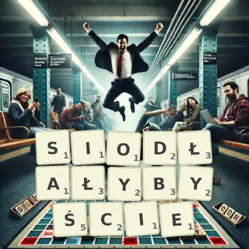 Kreatywna ilustracja do gry w Scrabble ze słowem SIODŁAŁYBYŚCIE ułożonym z płytek na planszy.
