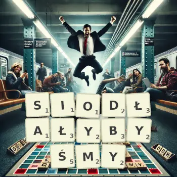 Kreatywna ilustracja do gry w Scrabble ze słowem SIODŁAŁYBYŚMY ułożonym z płytek na planszy.