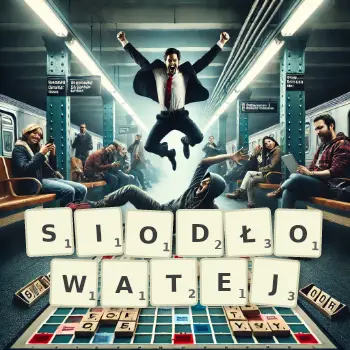 Kreatywna ilustracja do gry w Scrabble ze słowem SIODŁOWATEJ ułożonym z płytek na planszy.