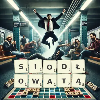 Kreatywna ilustracja do gry w Scrabble ze słowem SIODŁOWATĄ ułożonym z płytek na planszy.