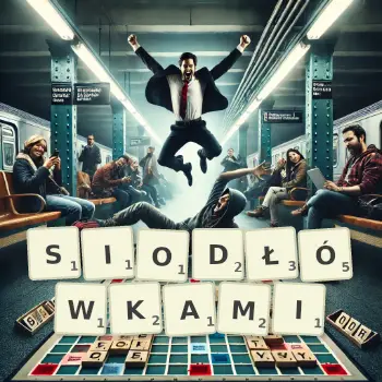 Kreatywna ilustracja do gry w Scrabble ze słowem SIODŁÓWKAMI ułożonym z płytek na planszy.