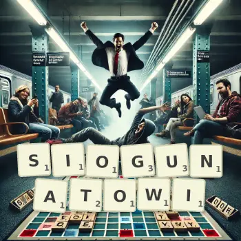 Kreatywna ilustracja do gry w Scrabble ze słowem SIOGUNATOWI ułożonym z płytek na planszy.