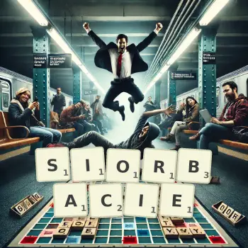 Kreatywna ilustracja do gry w Scrabble ze słowem SIORBACIE ułożonym z płytek na planszy.