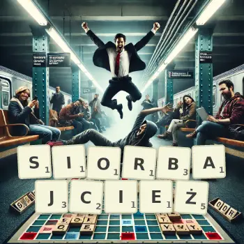 Kreatywna ilustracja do gry w Scrabble ze słowem SIORBAJCIEŻ ułożonym z płytek na planszy.