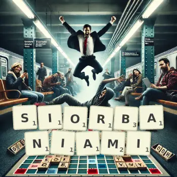 Kreatywna ilustracja do gry w Scrabble ze słowem SIORBANIAMI ułożonym z płytek na planszy.