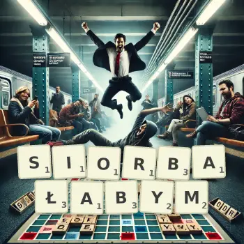 Kreatywna ilustracja do gry w Scrabble ze słowem SIORBAŁABYM ułożonym z płytek na planszy.