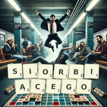 Kreatywna ilustracja do gry w Scrabble ze słowem SIORBIĄCEGO ułożonym z płytek na planszy.