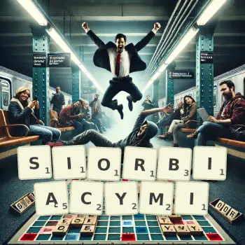 Kreatywna ilustracja do gry w Scrabble ze słowem SIORBIĄCYMI ułożonym z płytek na planszy.