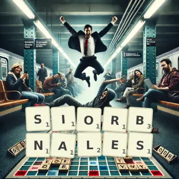 Kreatywna ilustracja do gry w Scrabble ze słowem SIORBNALES ułożonym z płytek na planszy.