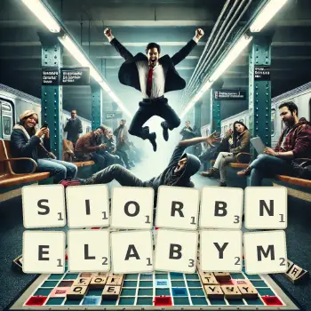 Kreatywna ilustracja do gry w Scrabble ze słowem SIORBNELABYM ułożonym z płytek na planszy.