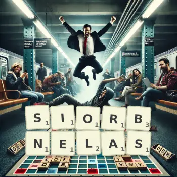 Kreatywna ilustracja do gry w Scrabble ze słowem SIORBNELAS ułożonym z płytek na planszy.