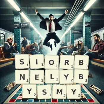 Kreatywna ilustracja do gry w Scrabble ze słowem SIORBNELYBYSMY ułożonym z płytek na planszy.