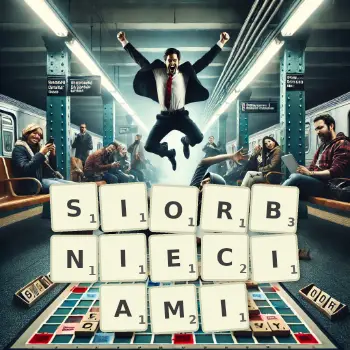 Kreatywna ilustracja do gry w Scrabble ze słowem SIORBNIECIAMI ułożonym z płytek na planszy.