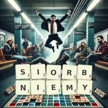 Kreatywna ilustracja do gry w Scrabble ze słowem SIORBNIEMY ułożonym z płytek na planszy.