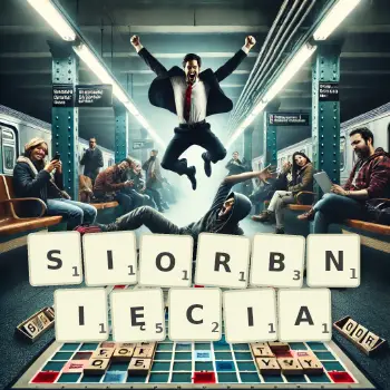 Kreatywna ilustracja do gry w Scrabble ze słowem SIORBNIĘCIA ułożonym z płytek na planszy.