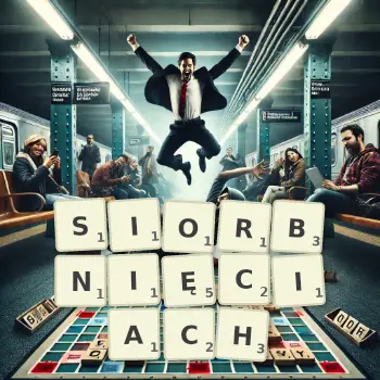 Kreatywna ilustracja do gry w Scrabble ze słowem SIORBNIĘCIACH ułożonym z płytek na planszy.