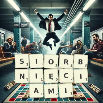Kreatywna ilustracja do gry w Scrabble ze słowem SIORBNIĘCIAMI ułożonym z płytek na planszy.