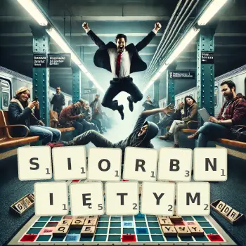 Kreatywna ilustracja do gry w Scrabble ze słowem SIORBNIĘTYM ułożonym z płytek na planszy.
