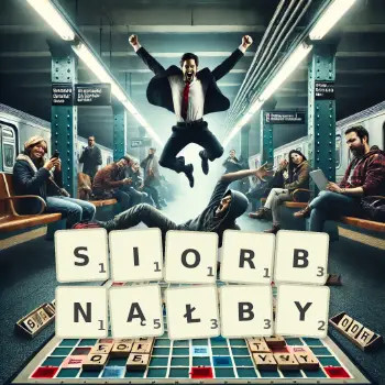 Kreatywna ilustracja do gry w Scrabble ze słowem SIORBNĄŁBY ułożonym z płytek na planszy.