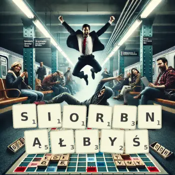 Kreatywna ilustracja do gry w Scrabble ze słowem SIORBNĄŁBYŚ ułożonym z płytek na planszy.