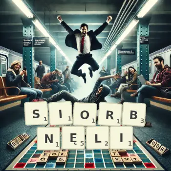 Kreatywna ilustracja do gry w Scrabble ze słowem SIORBNĘLI ułożonym z płytek na planszy.