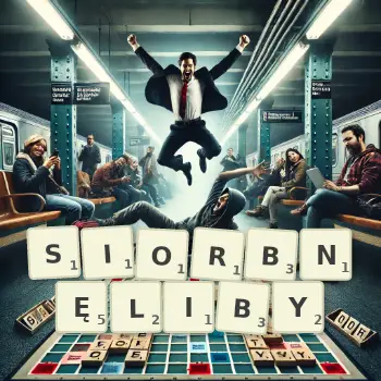 Kreatywna ilustracja do gry w Scrabble ze słowem SIORBNĘLIBY ułożonym z płytek na planszy.