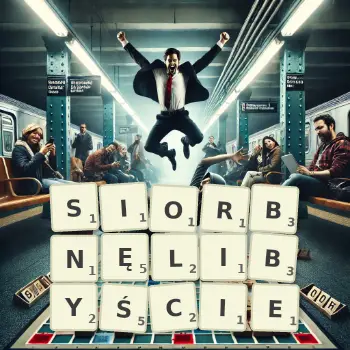 Kreatywna ilustracja do gry w Scrabble ze słowem SIORBNĘLIBYŚCIE ułożonym z płytek na planszy.