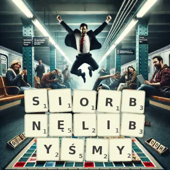 Kreatywna ilustracja do gry w Scrabble ze słowem SIORBNĘLIBYŚMY ułożonym z płytek na planszy.