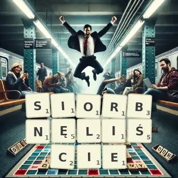Kreatywna ilustracja do gry w Scrabble ze słowem SIORBNĘLIŚCIE ułożonym z płytek na planszy.